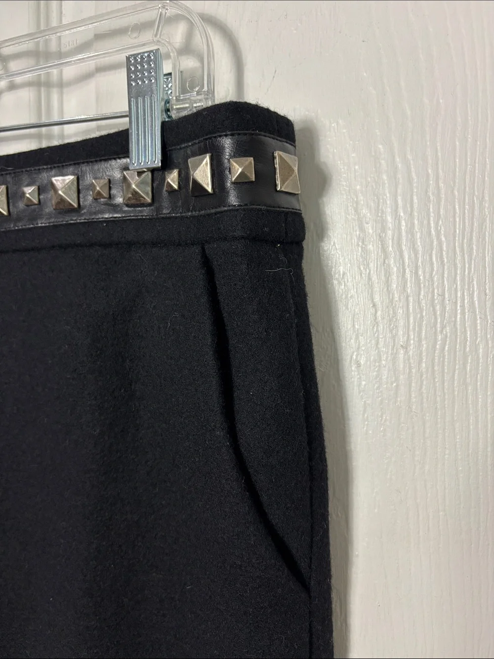 Tory Burch Black Wool Pencil Skirt Studded Waist Leather Trim Pockets Size Large